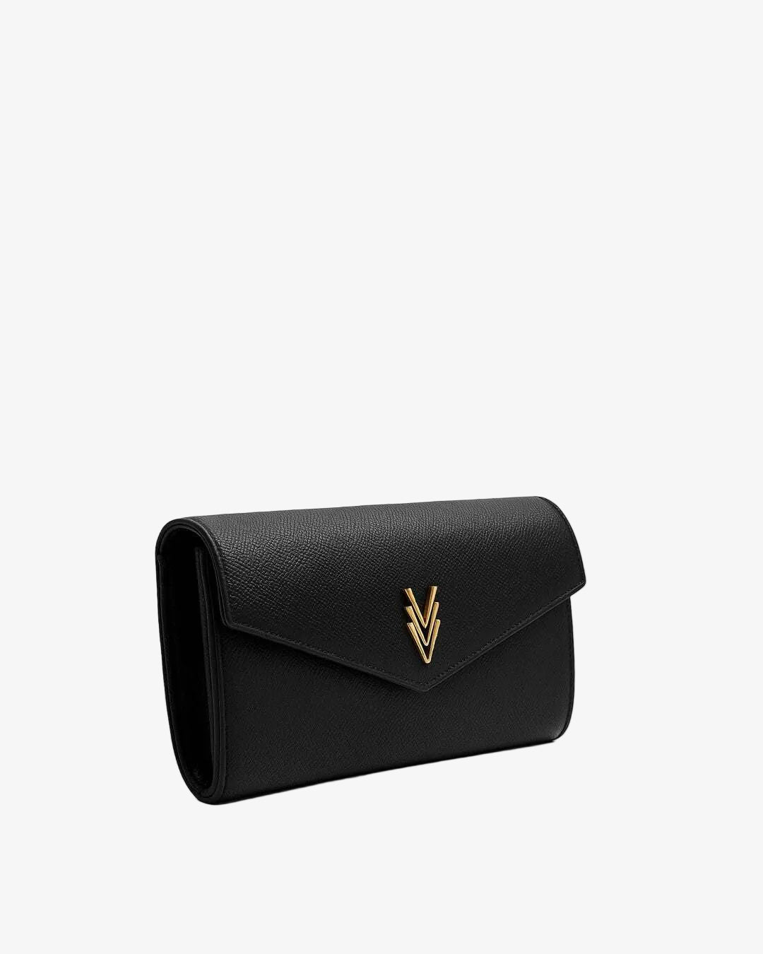Black clutch bag with a gold emblem on a white background