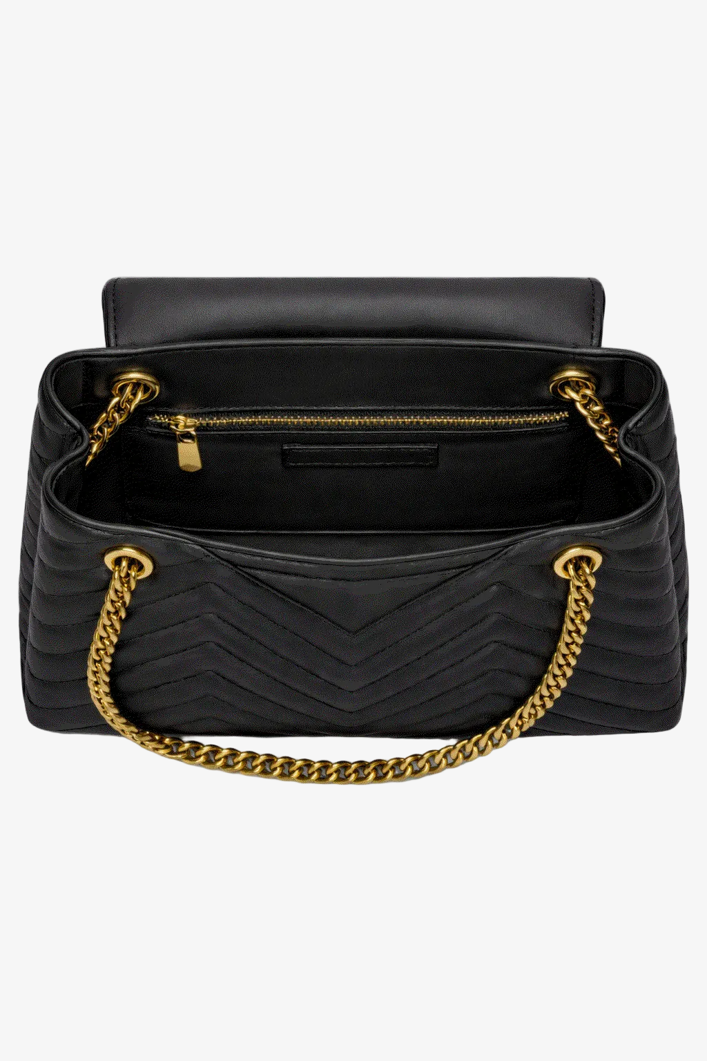 Black handbag with gold chain handle on a white background