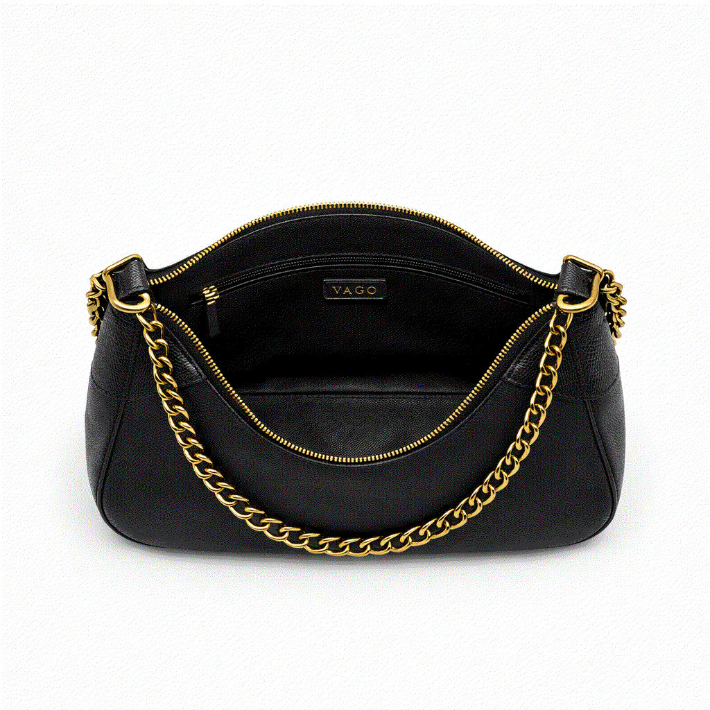 Black handbag with gold chain detail on a white background
