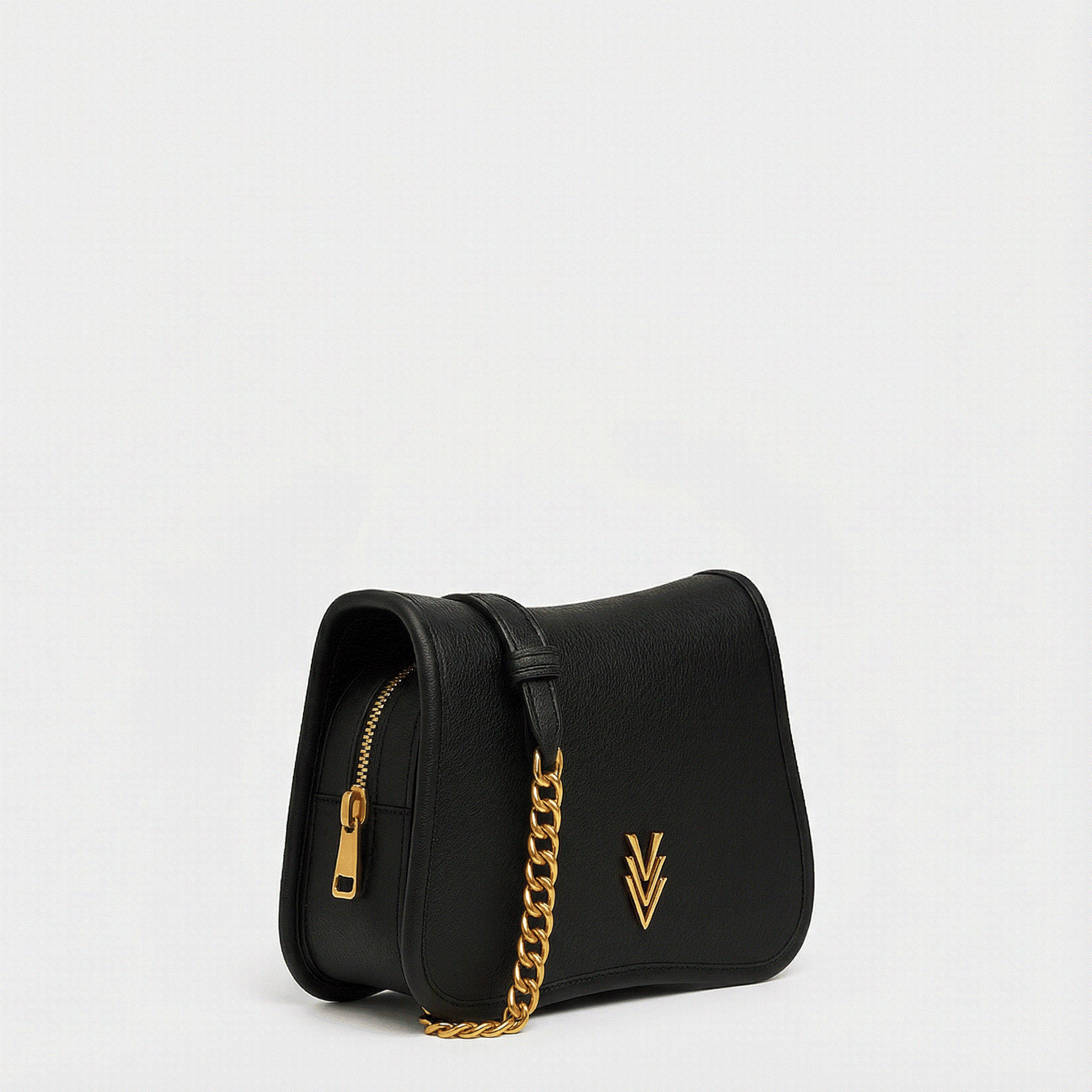 Black handbag with a gold chain and logo on a light gray background