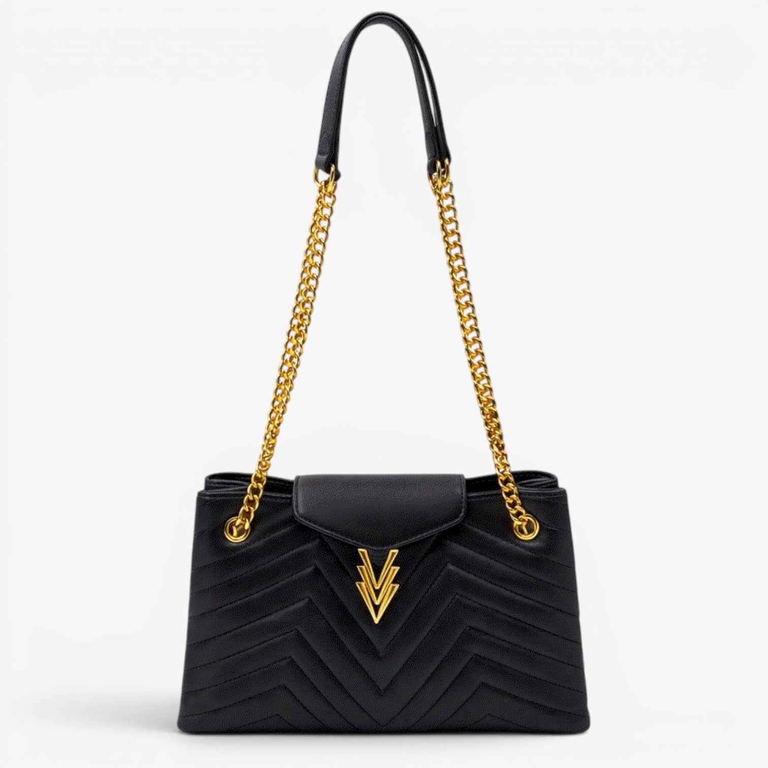 Black handbag with gold chain strap on a white background