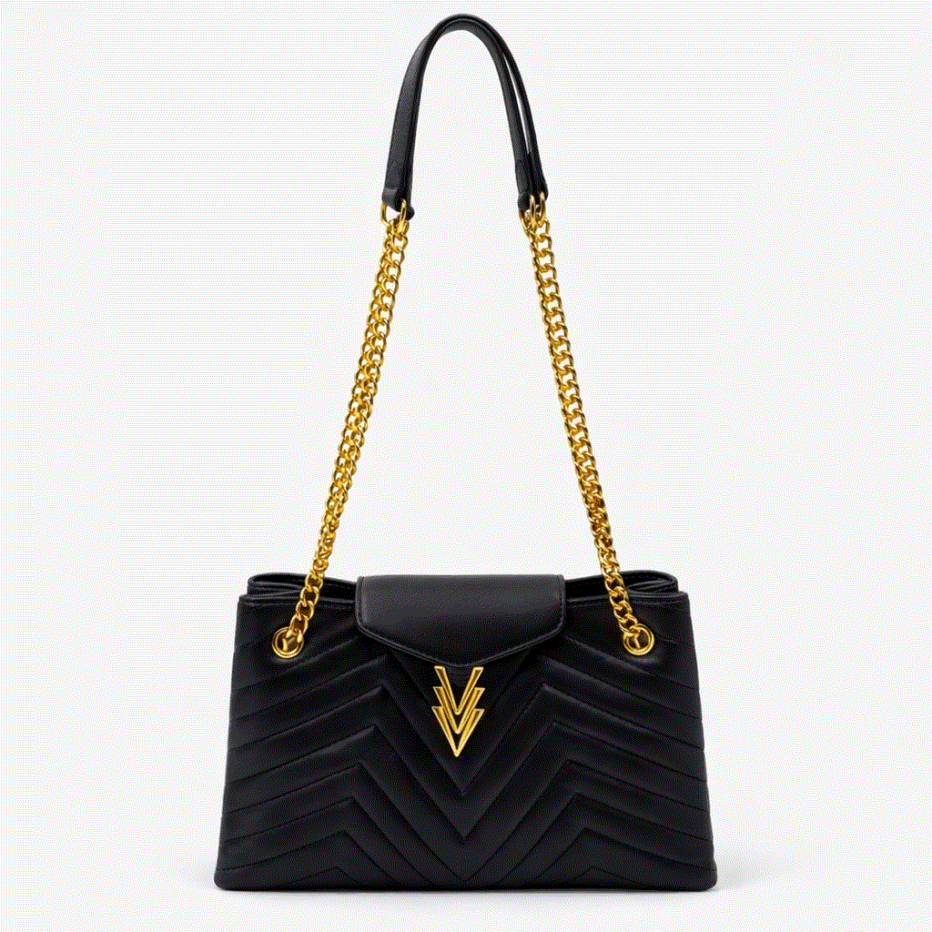 Black handbag with gold chain strap on a white background