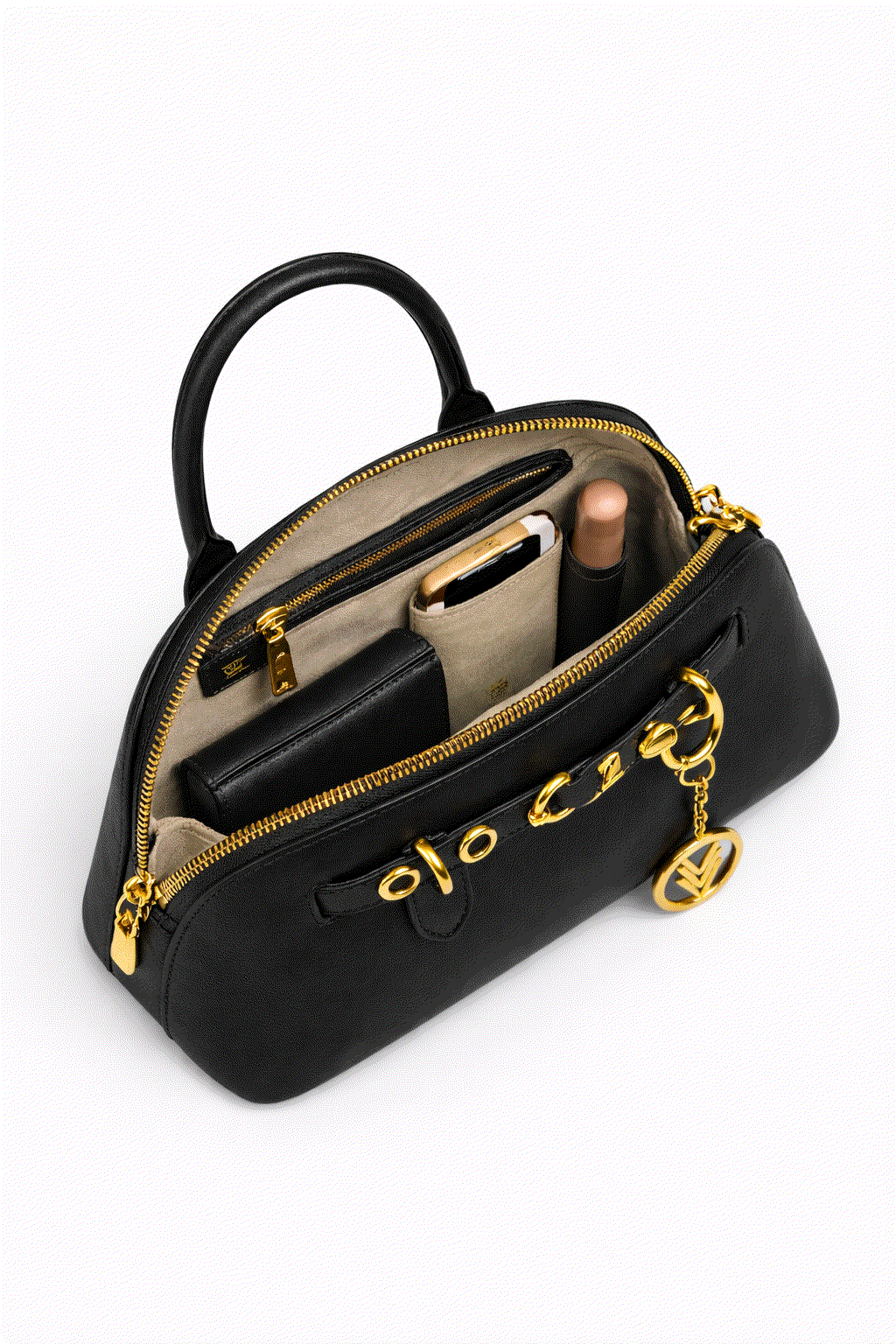 Black handbag with gold accents on a white background