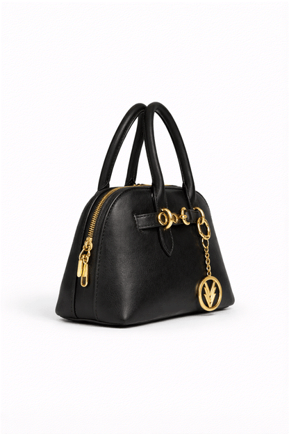 Black handbag with gold accents on a white background