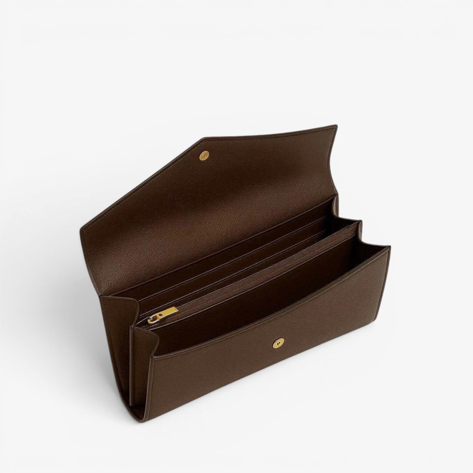 Brown leather wallet with gold zipper on a white background