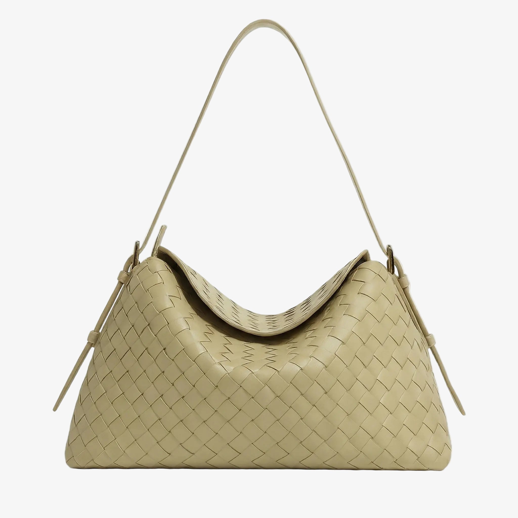 Beige woven handbag on a light gray background