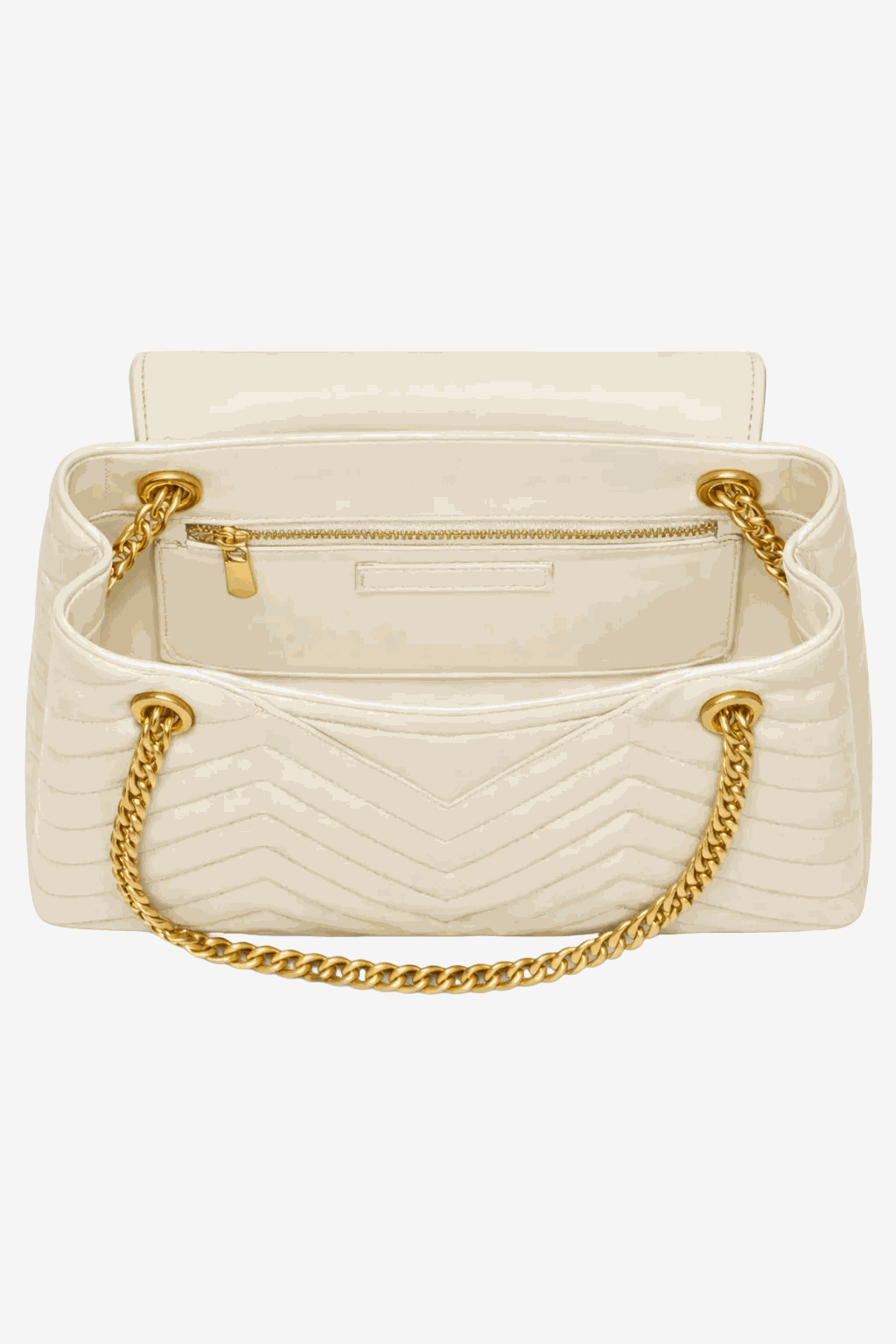 Cream-colored handbag with gold chain detail on a white background