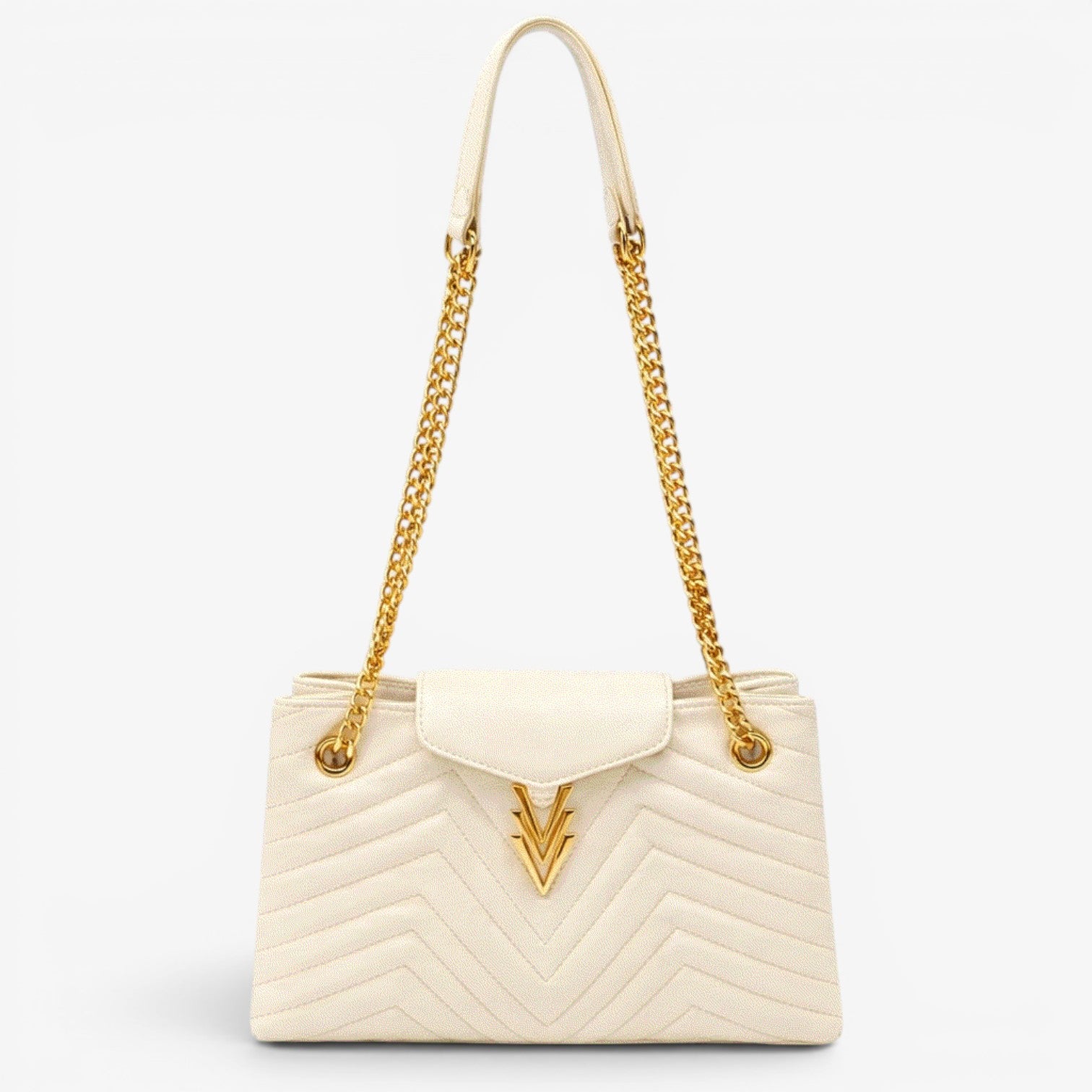 Cream-colored handbag with gold chain strap and clasp on a white background