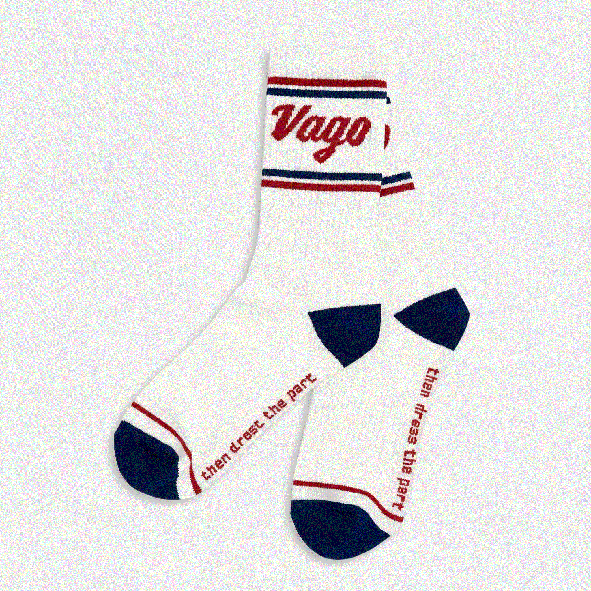 White sock with red and blue accents featuring the brand 'Vago' on a white background