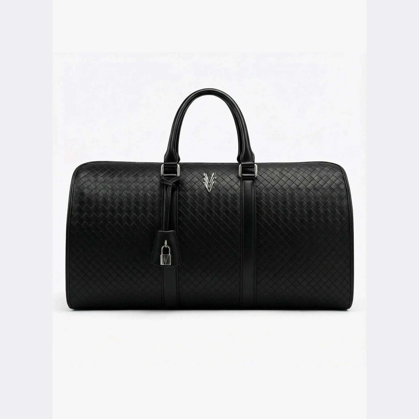 Black quilted leather duffel bag with a brand logo on a white background