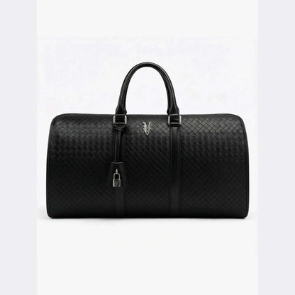 Black quilted leather duffel bag with a brand logo on a white background