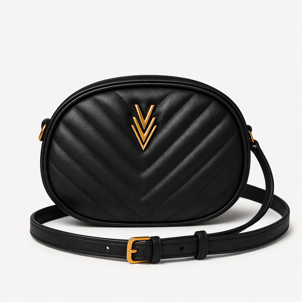Black quilted handbag with a gold logo on a light gray background