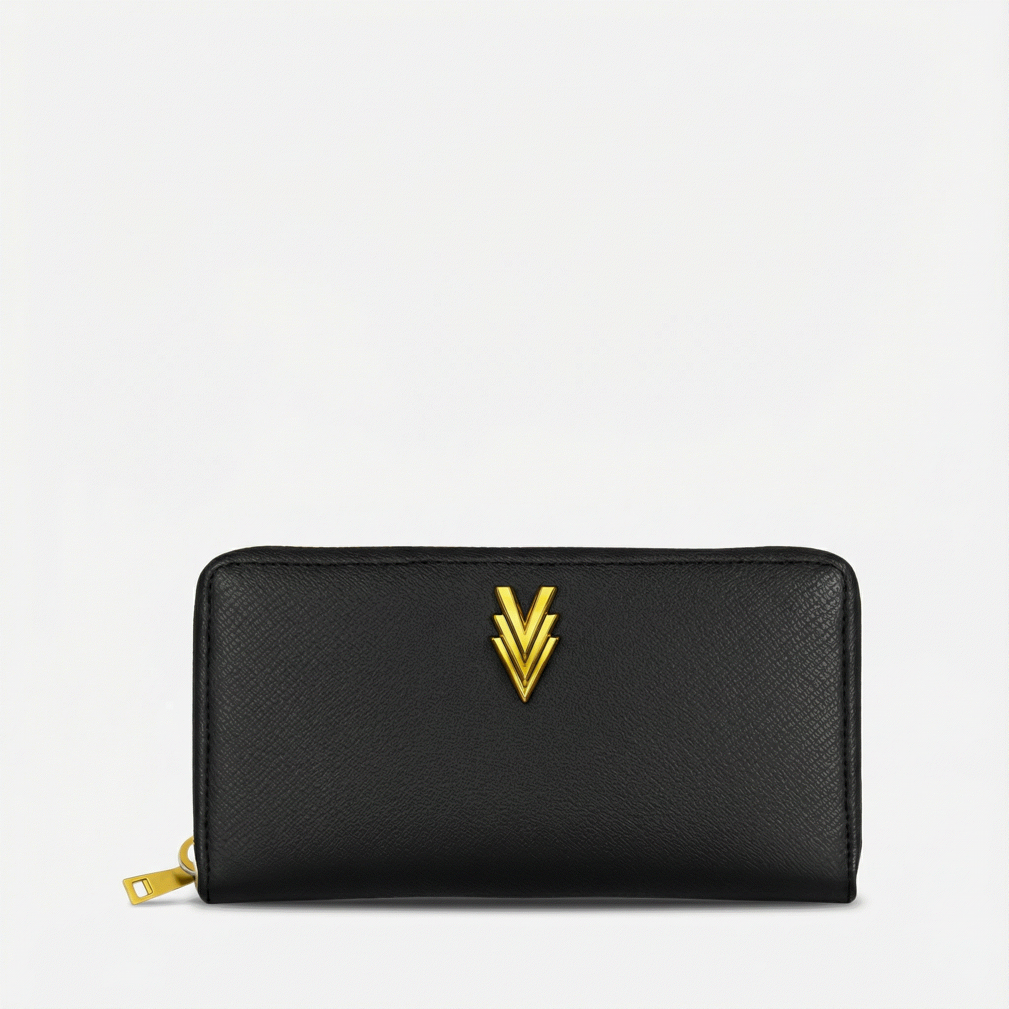 Black wallet with a gold emblem on a light gray background