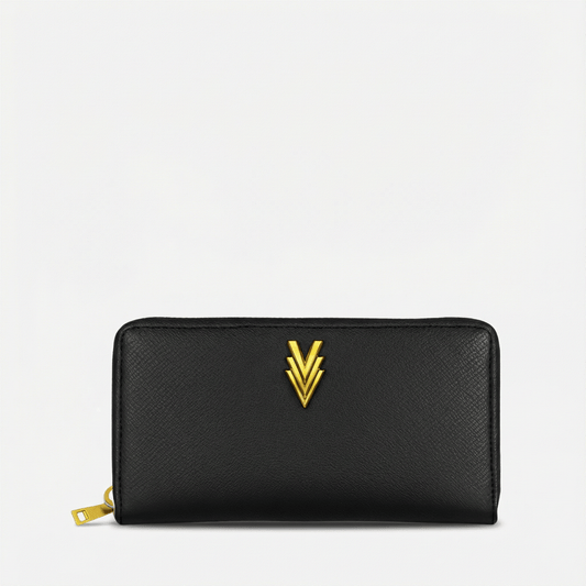 Black wallet with a gold emblem on a light gray background