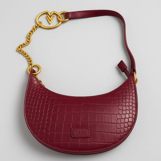 Half Moon Embossed Vegan Purse with Gold Chain and Logo