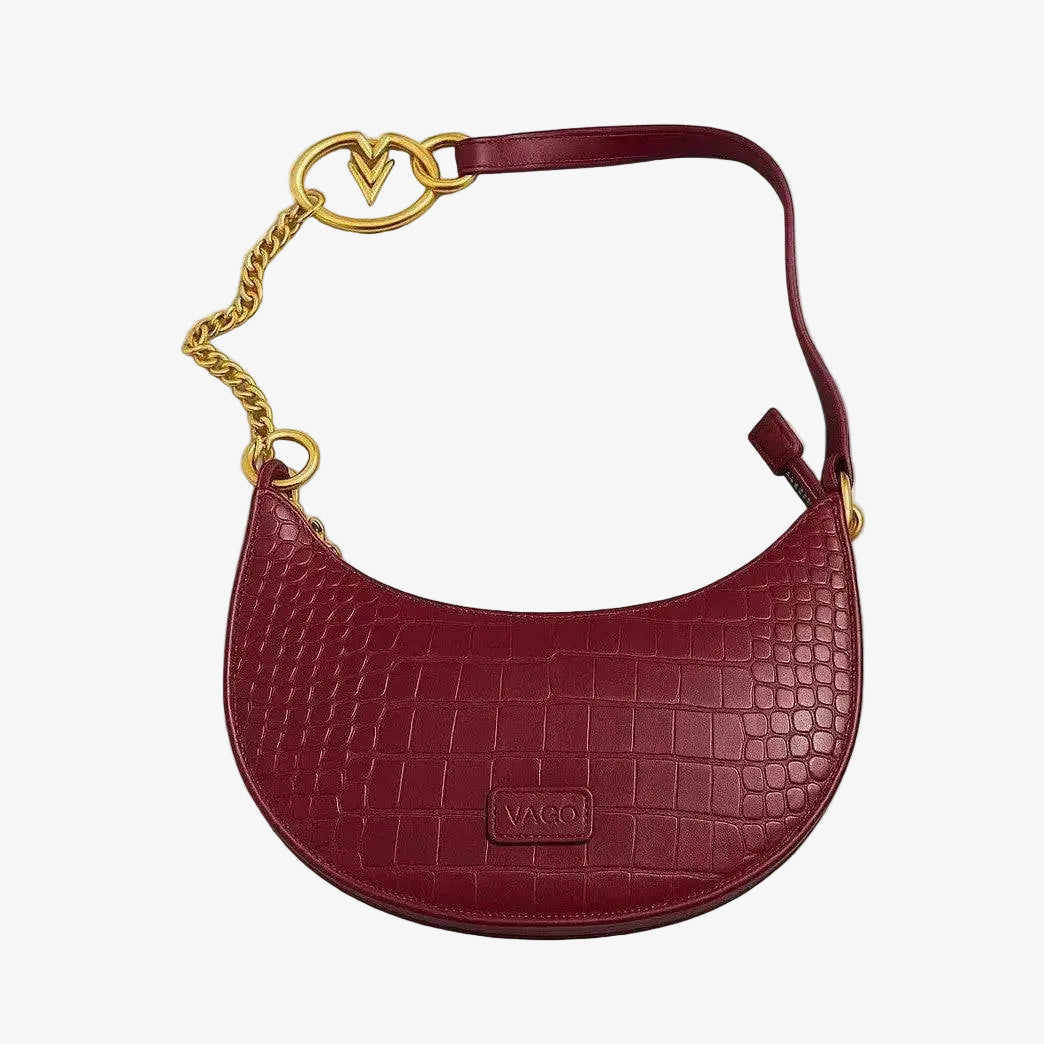 Half Moon Embossed Vegan Purse with Gold Chain and Logo