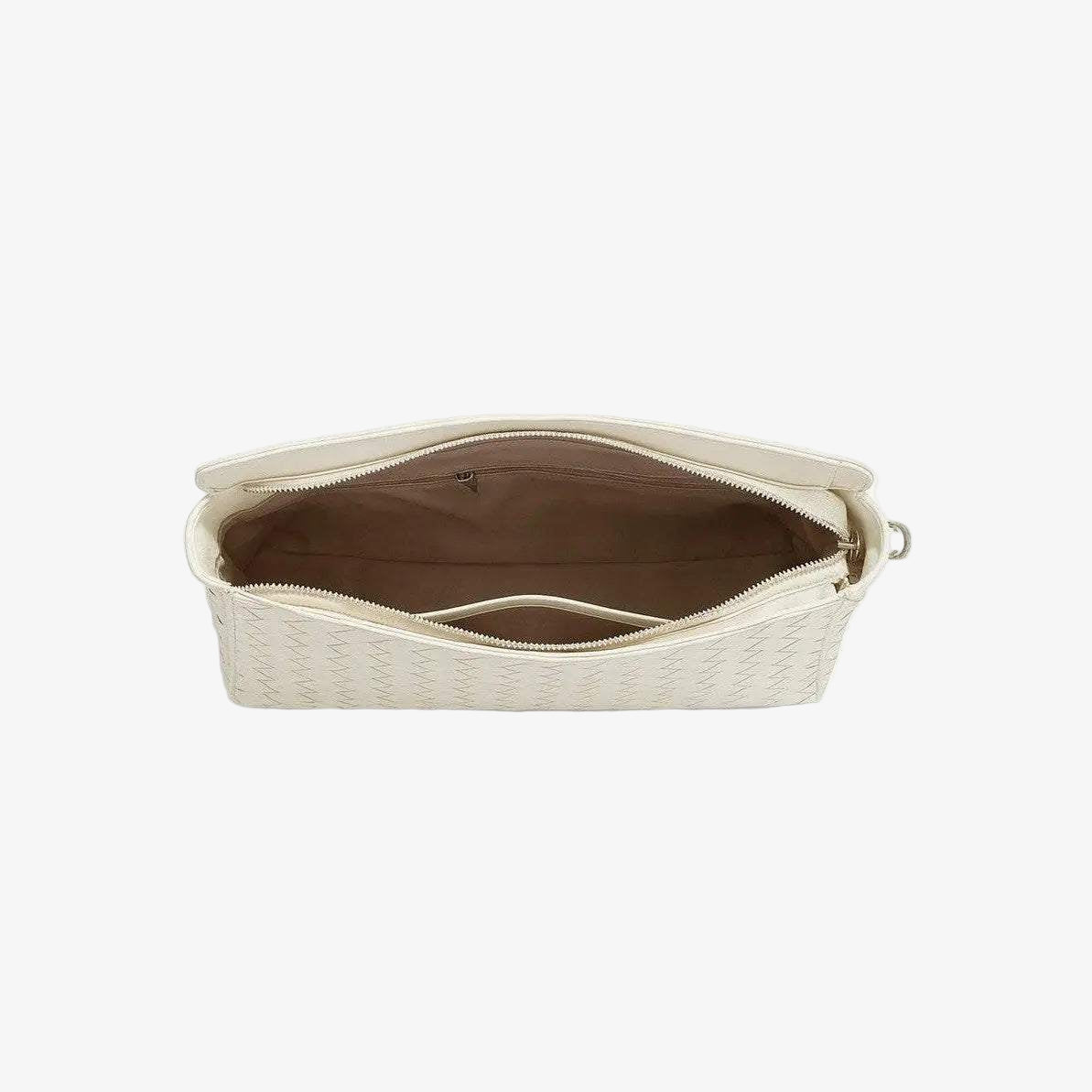 Beige woven basket with a zipper on a white background
