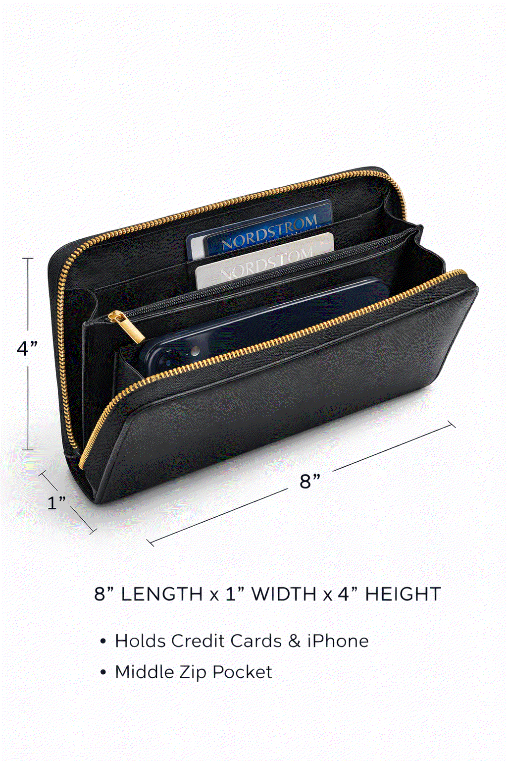 Black wallet with gold zipper and measurements on a white background