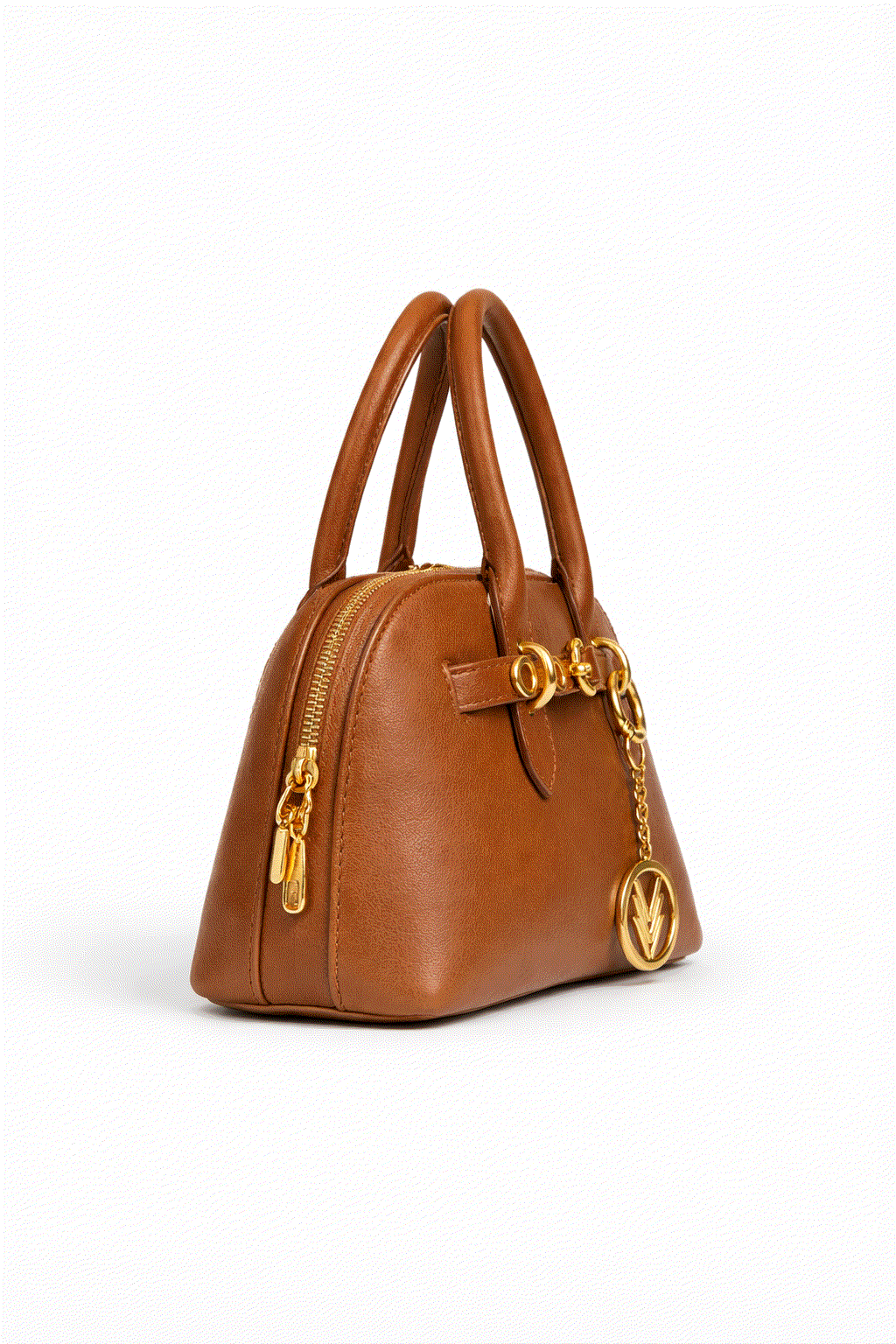 Brown handbag with gold accents on a white background