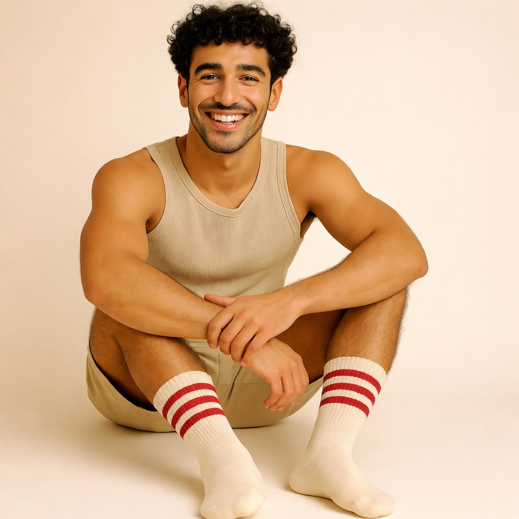 Man wearing a beige tank top and white socks with red stripes on a beige background