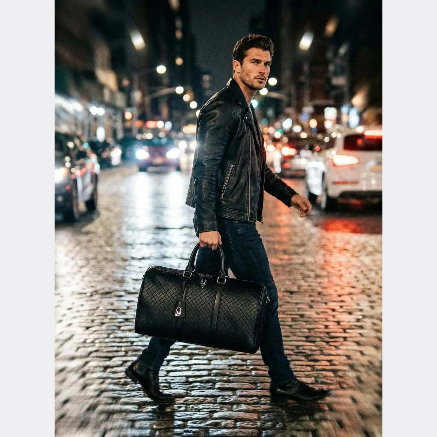 Man walking on a city street at night with a black leather bag