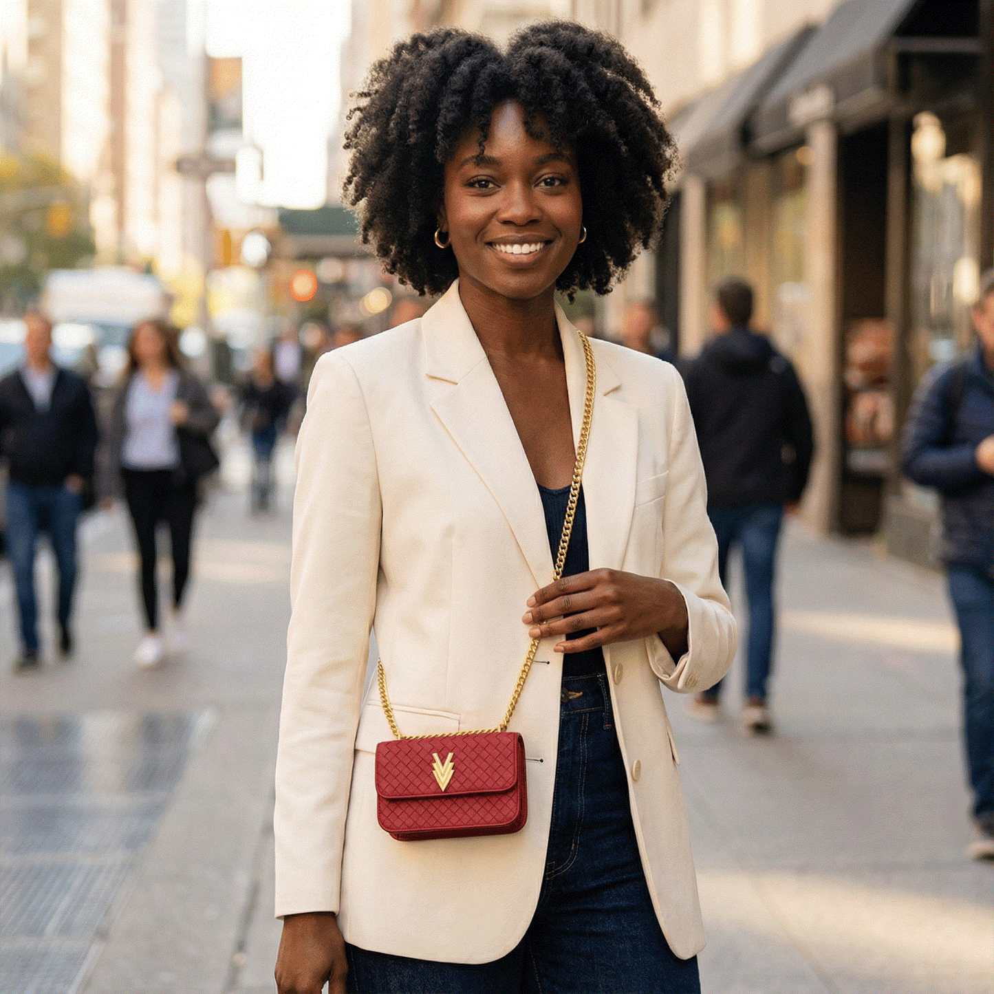 Woman in a beige blazer with a red handbag on a city street