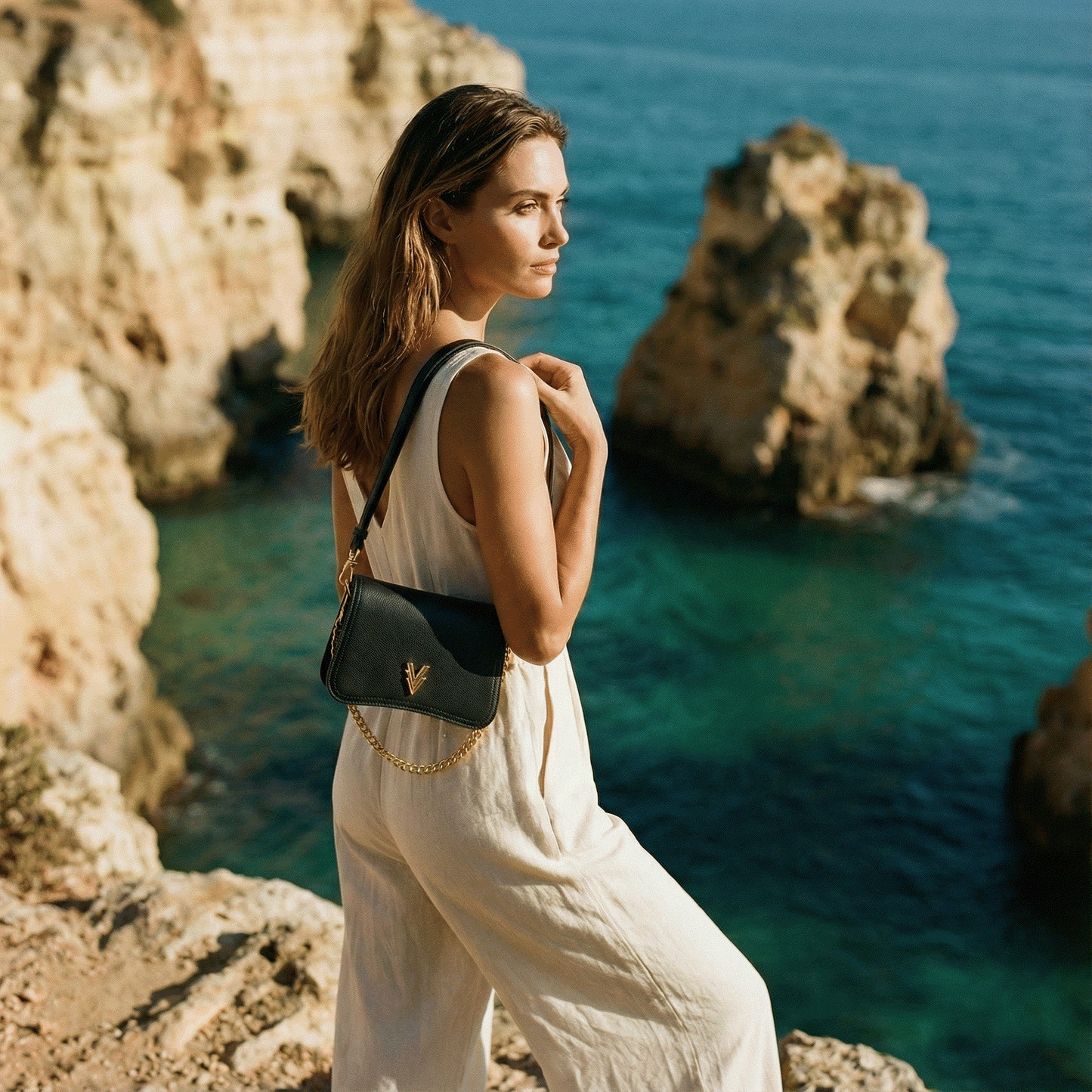 Woman in a white dress with a black handbag standing on a rocky cliff overlooking the ocean.