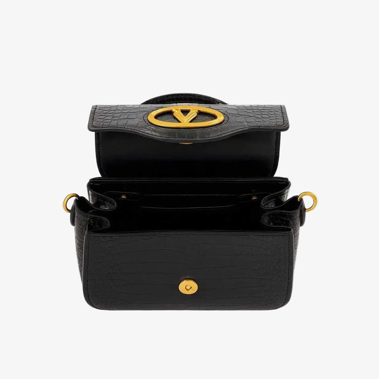 Black handbag with gold accents on a white background