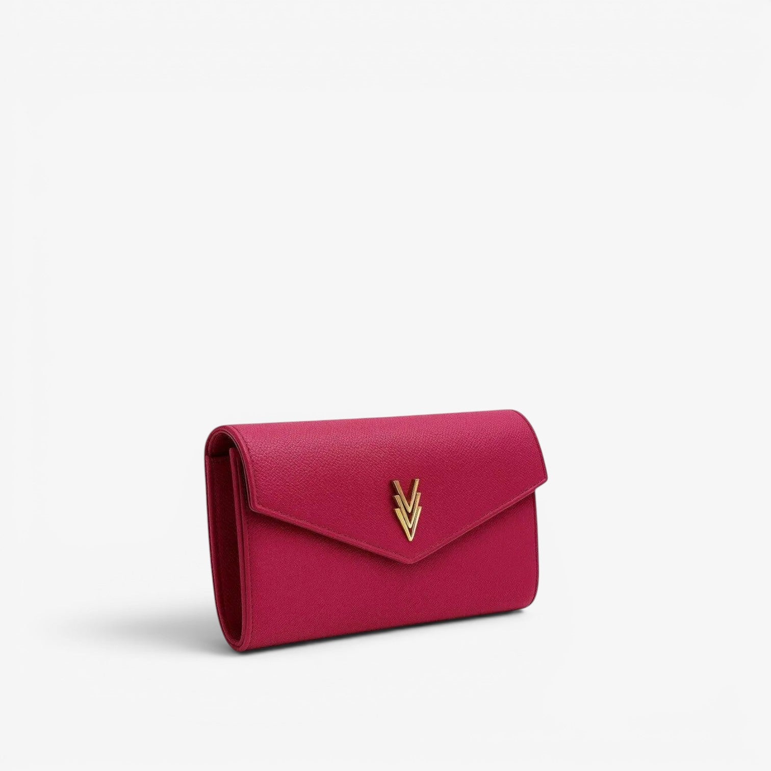 Pink clutch bag with a gold emblem on a white background