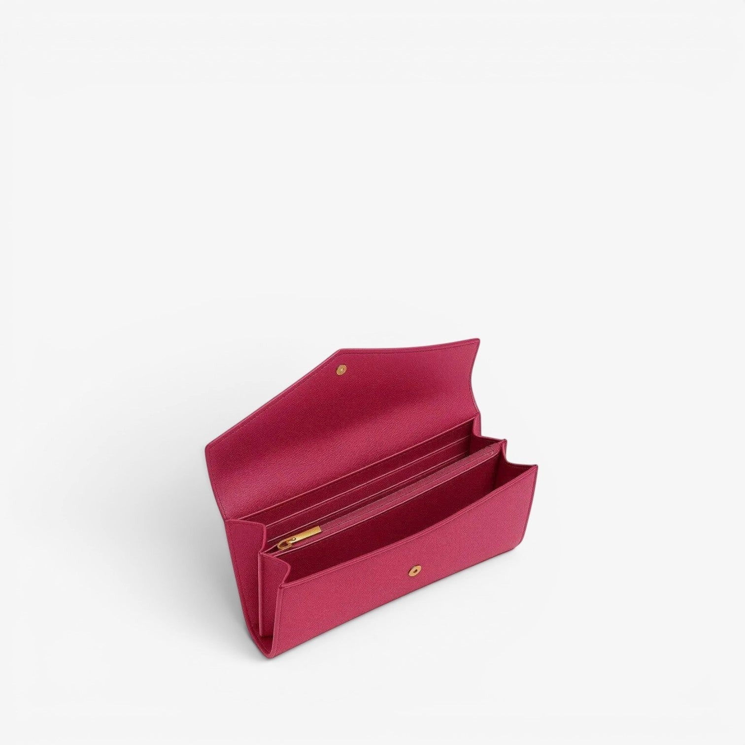 Pink wallet with gold zippers on a white background