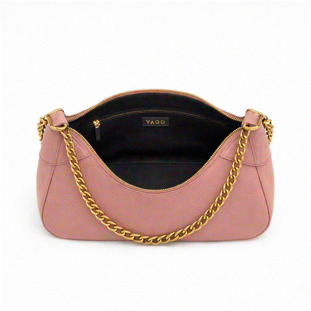 Pink handbag with gold chain detail on a white background