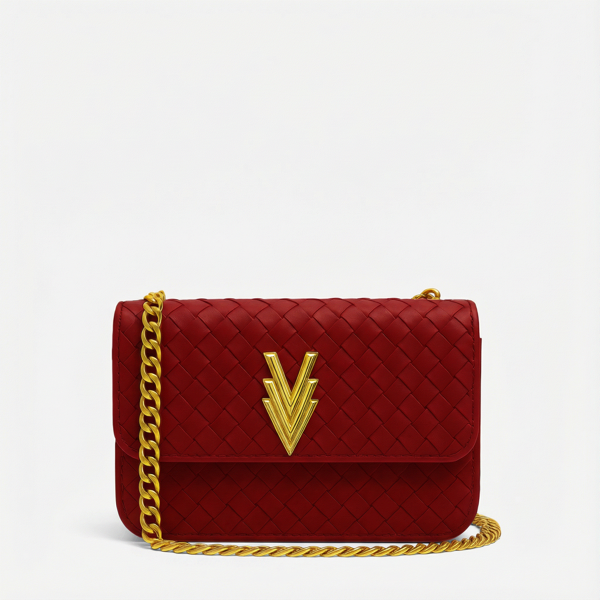 Red quilted handbag with gold chain and logo on a white background