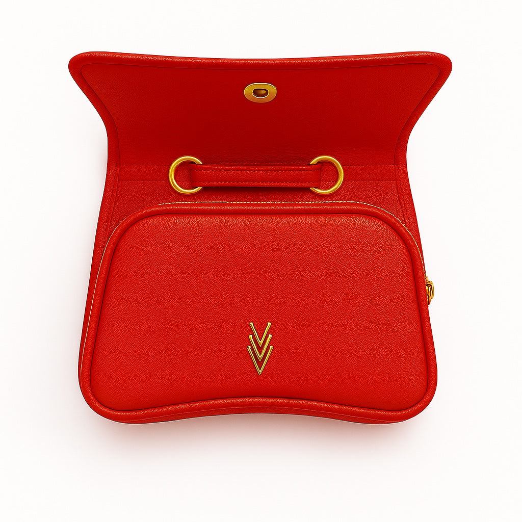 Red handbag with gold accents on a white background