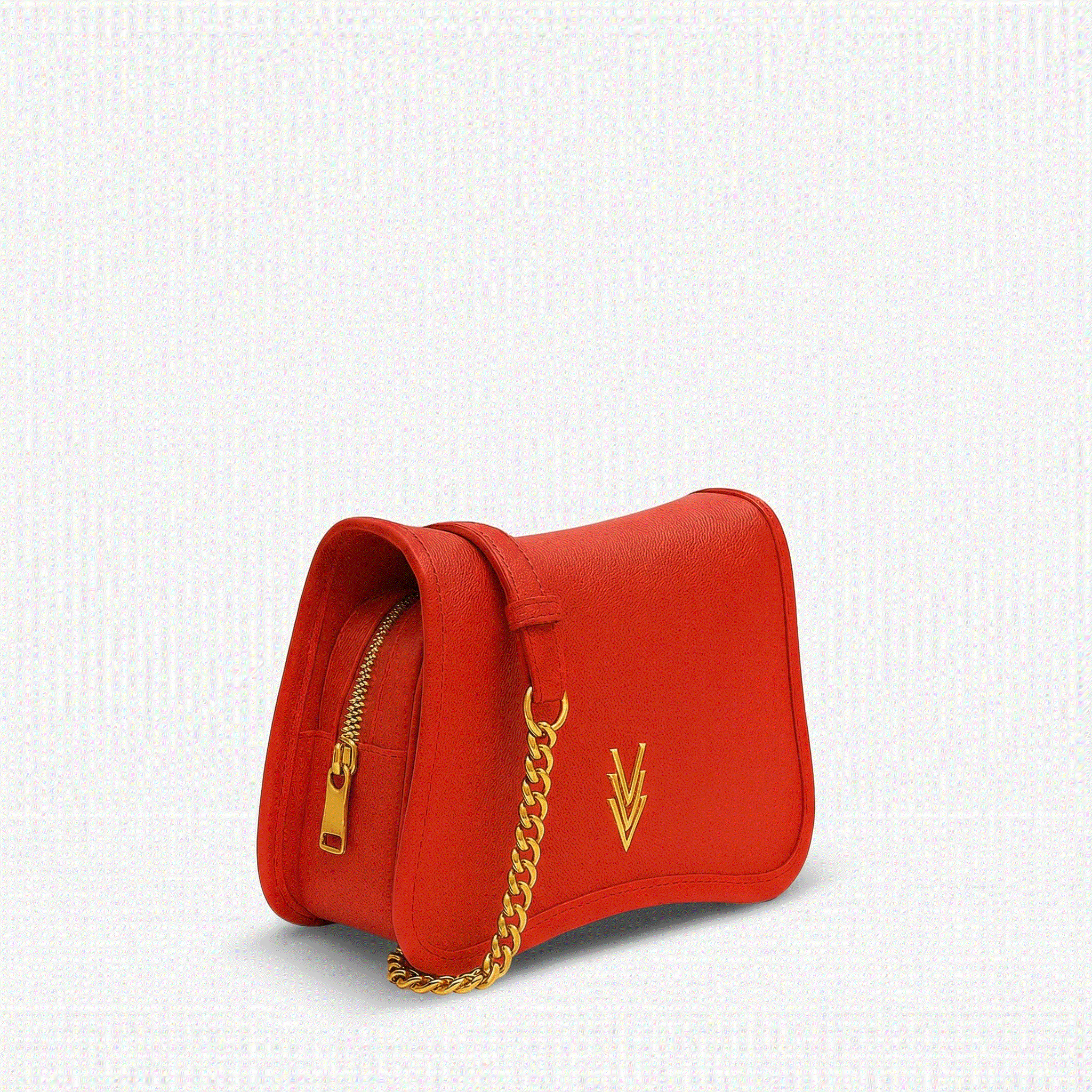 Red handbag with gold chain strap and logo on a white background