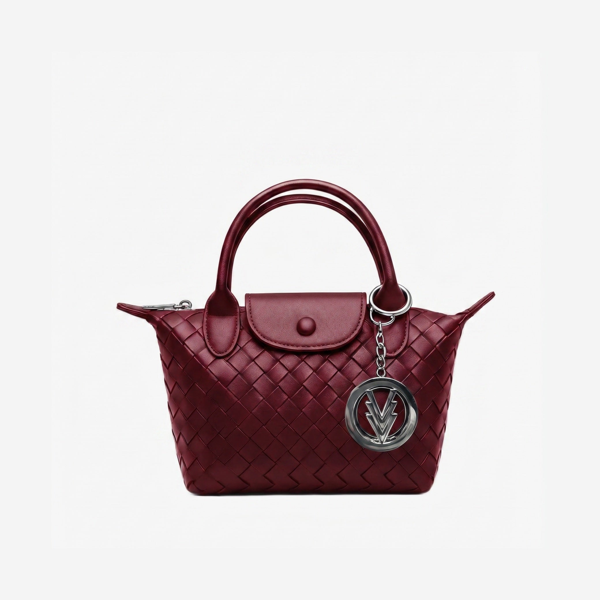 Maroon handbag with a brand logo on a light gray background