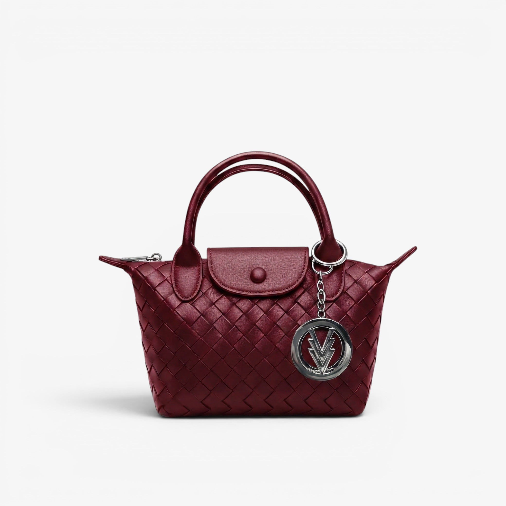 Maroon handbag with a brand logo on a light gray background