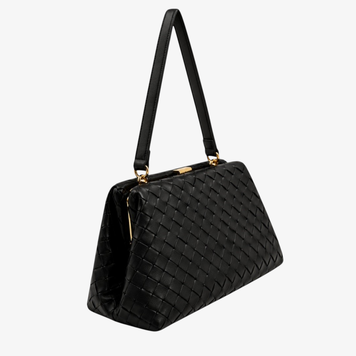 Black woven leather shoulder bag with gold-tone hardware and a single shoulder strap, shown on a plain white background.