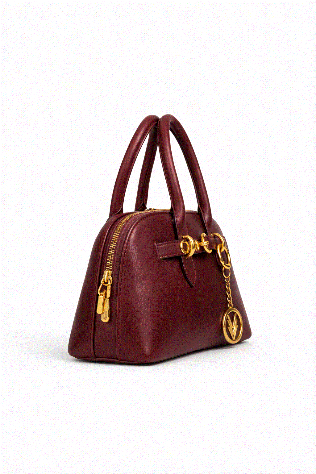 Maroon handbag with gold accents on a white background