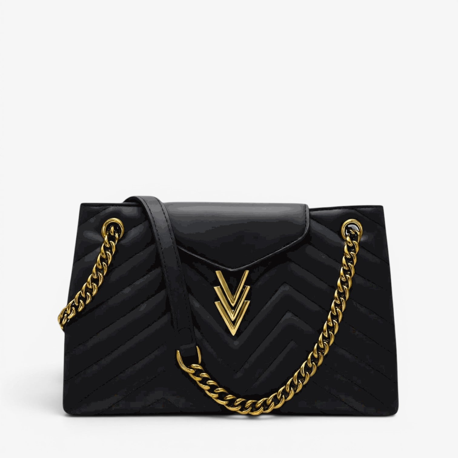 Black handbag with gold chain strap on a white background