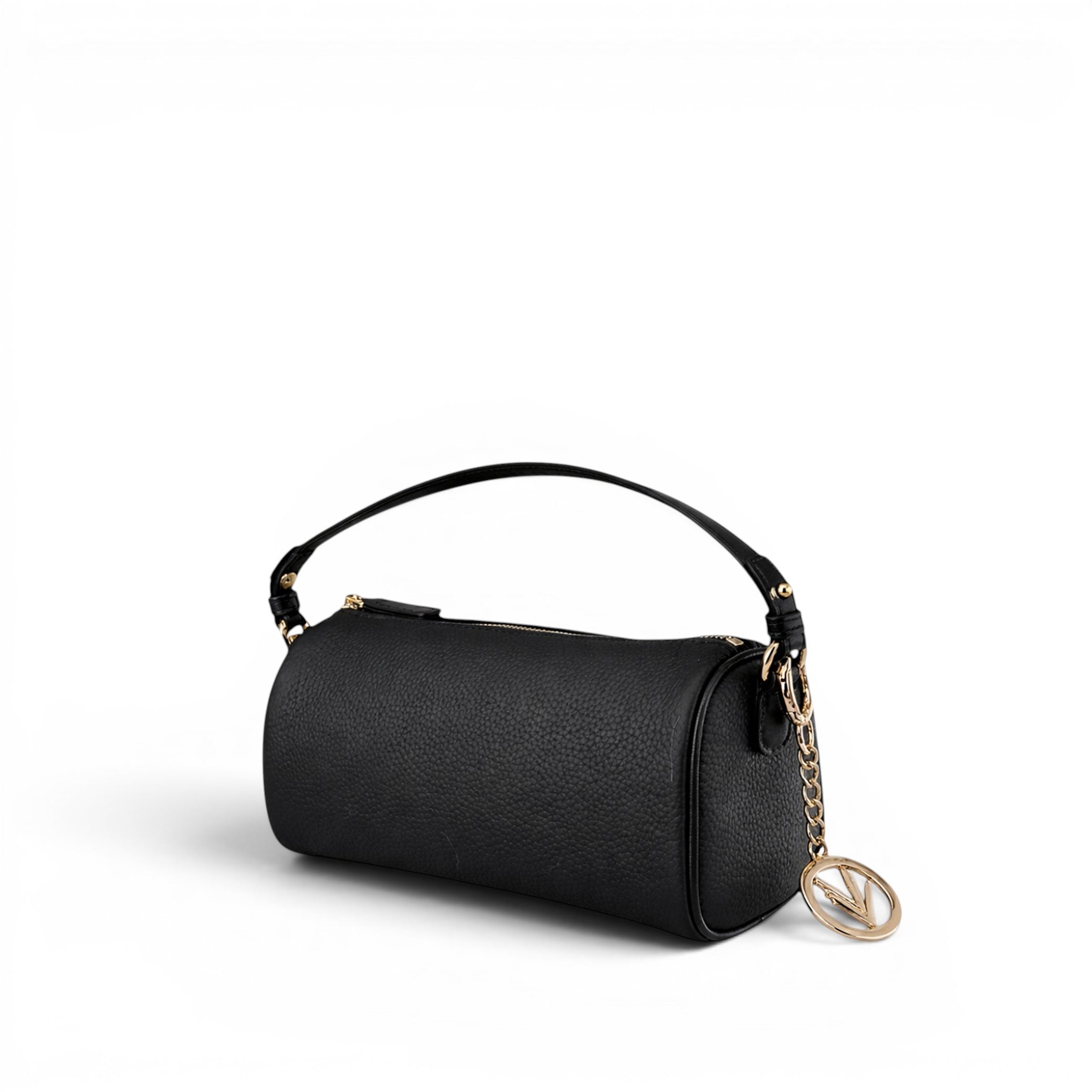 VAGOSHOPS black leather Dani crossbody bag with gold hardware and iconic charm detail.
