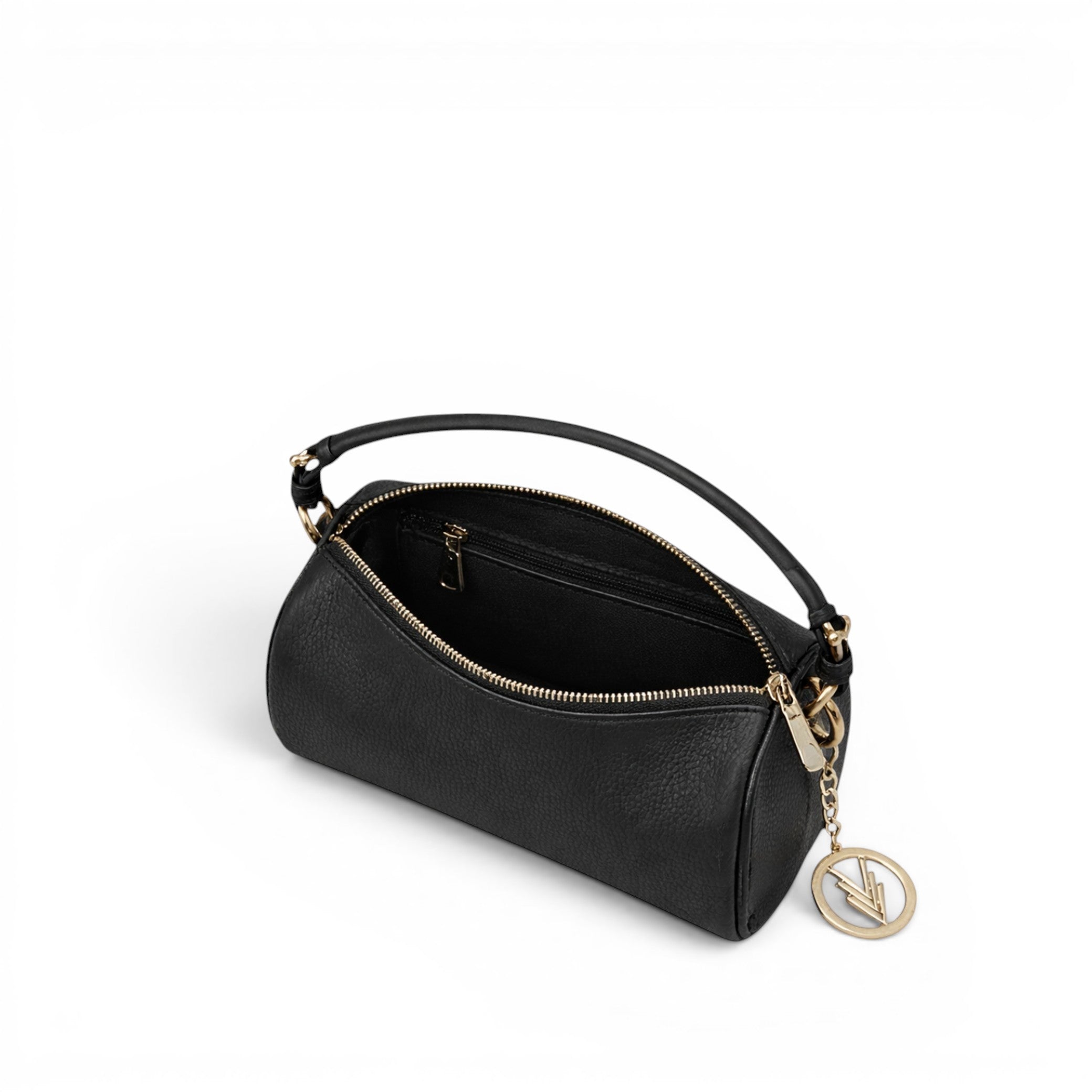 VAGOSHOPS Dani Small black leather crossbody bag with gold hardware and iconic charm detail.