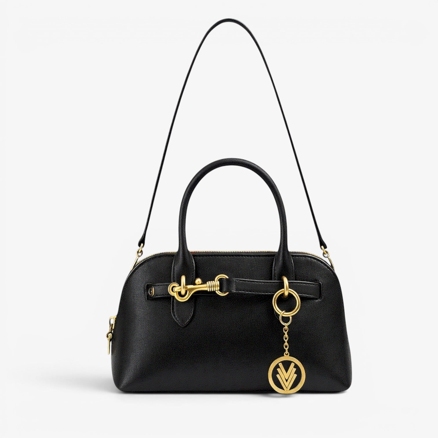 VAGOSHOPS Freya black leather purse with gold hardware and iconic Three V charm, adjustable strap.