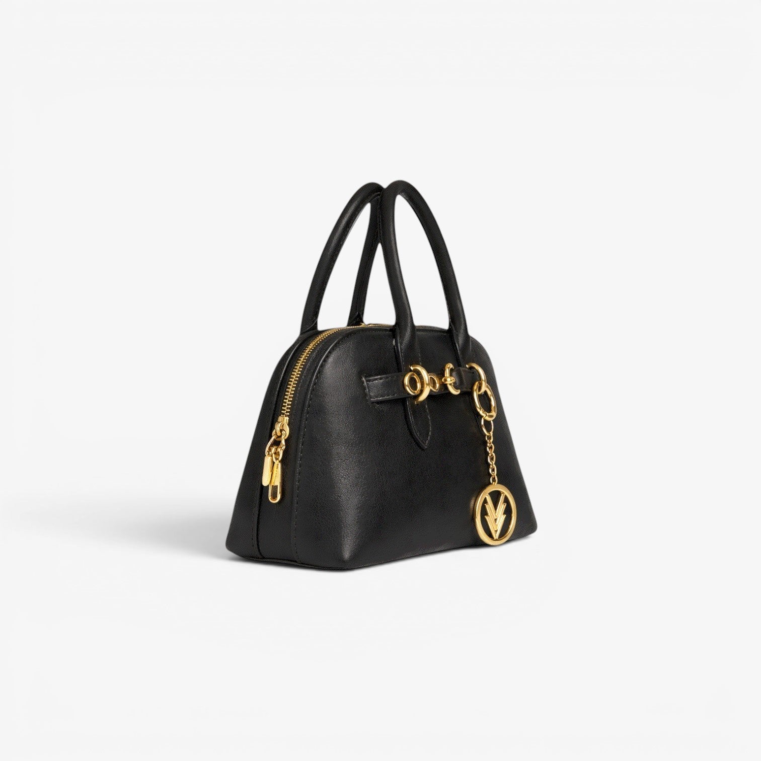 VAGOSHOPS Freya black leather purse with gold hardware and iconic Three V charm, structured silhouette, top zip closure, and adjustable strap.