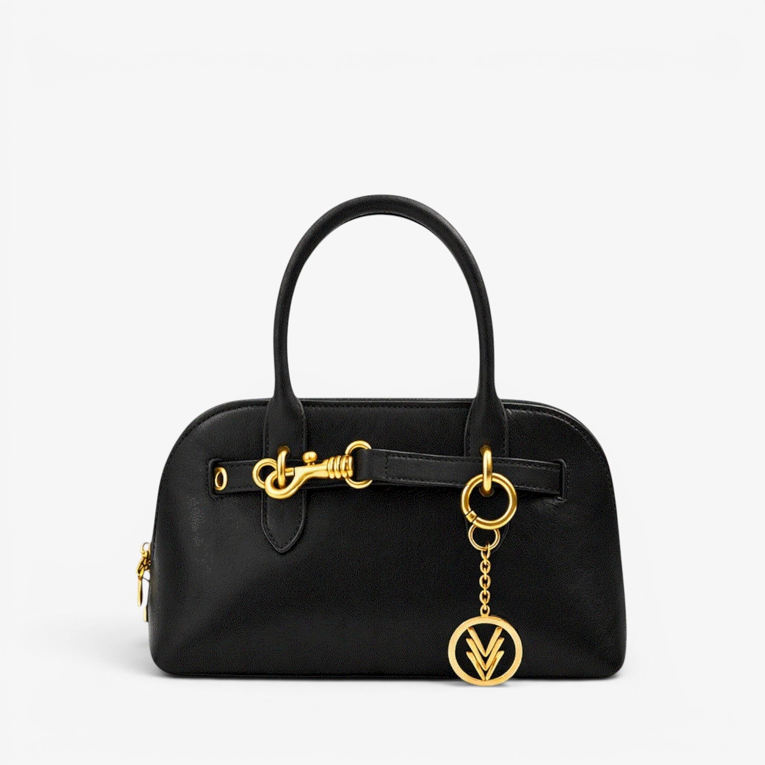 VAGOSHOPS Freya black leather purse with gold hardware and iconic Three V charm, adjustable strap for shoulder or crossbody wear.
