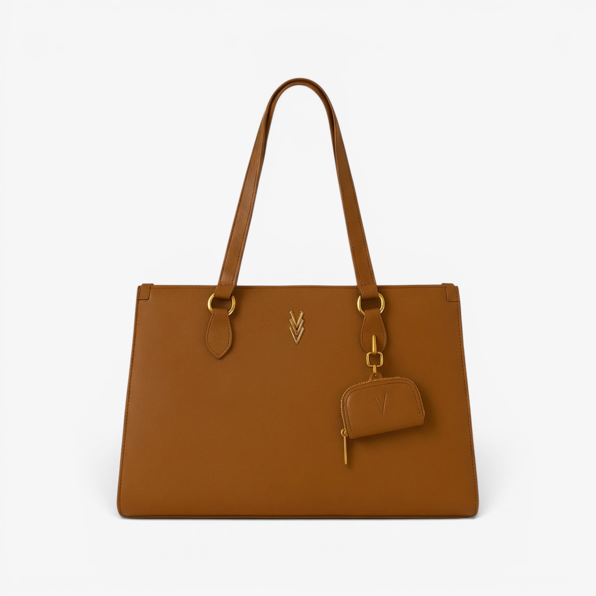 VAGOSHOPS Marilynn tote bag in rich brown vegan leather with gold-tone hardware and signature V emblem. Includes detachable headphone case.
