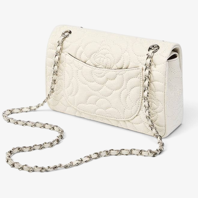 VAGOSHOPS Chiara quilted bone leather bag with a silver chain strap and floral pattern, shown from the back.