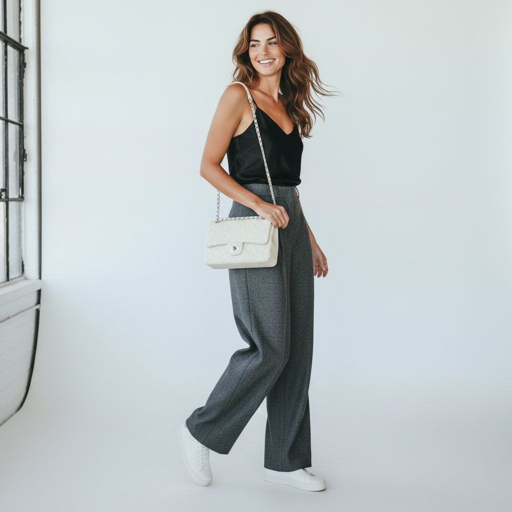 A woman wearing a VAGOSHOPS Chiara quilted bone leather bag with a silver chain strap over a black top and grey trousers.