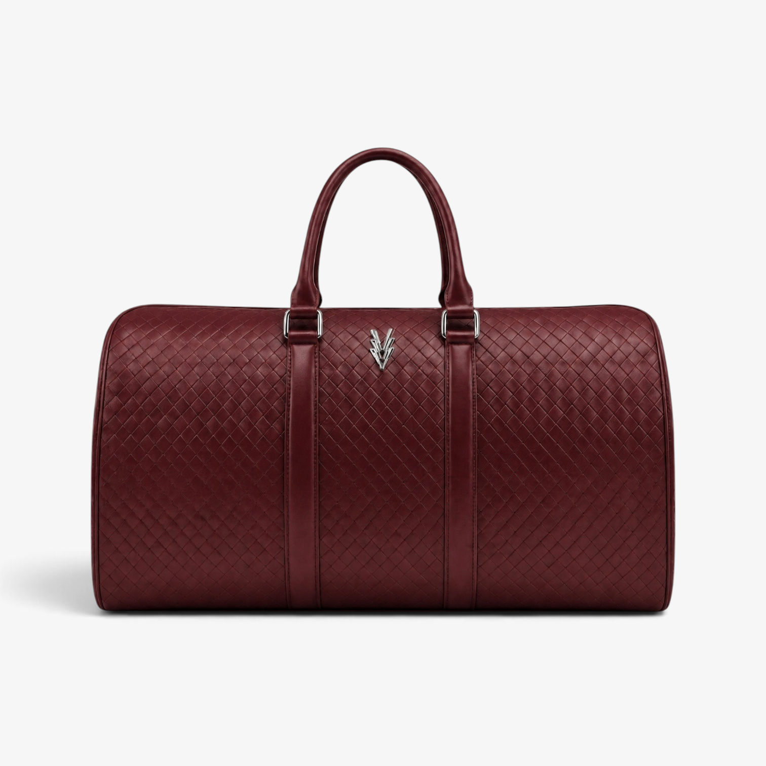 VAGOSHOPS Rocco duffle bag in deep cranberry embossed woven leather with silver-tone hardware and dual top handles.