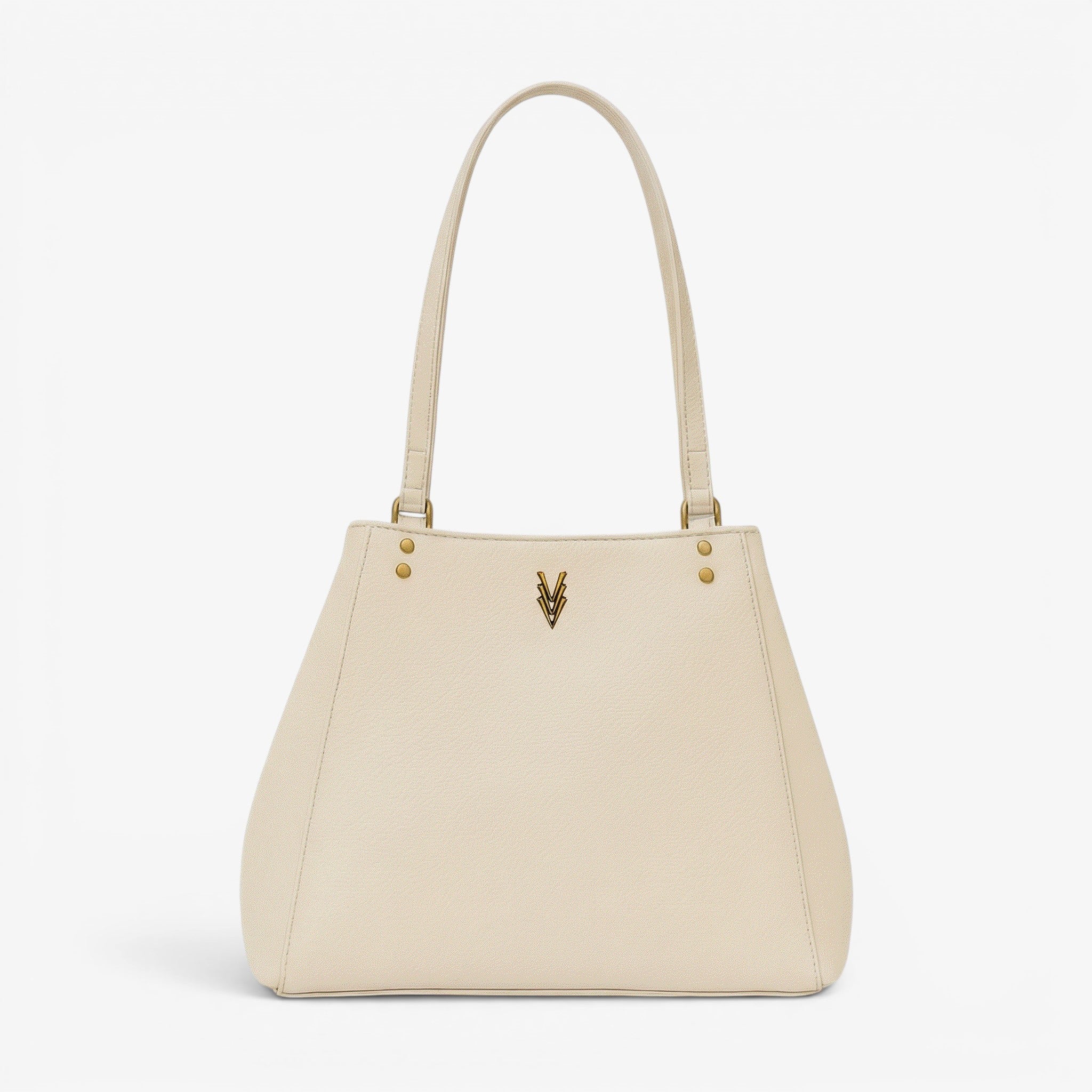 VAGOSHOPS Mari cream pebble-embossed vegan leather shoulder purse with dual straps and gold-tone logo.