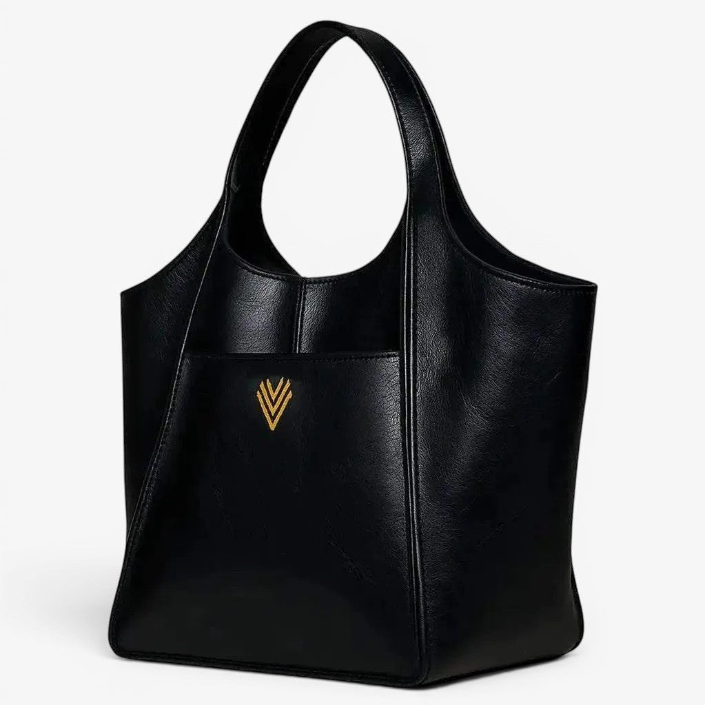 VAGOSHOPS Olga black vegan leather oversized tote bag with gold logo and dual handles